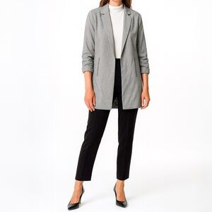 Rachel Zoe Open Front Blazer White Black Check 3/4 Sleeve Ruche